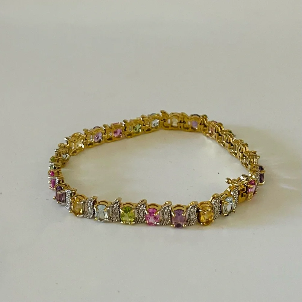 18K Yellow Gold over S/S, Gemstones 12.00CTW, Oval Bracelet w/Diamond Accent - Picture 6 of 13